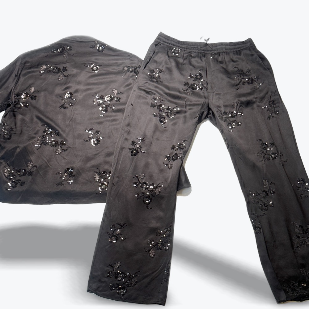 Zara Black Sequin Embroidered Satin Pajama Set Blouse Small Pants Medium Co-ord - Picture 2 of 13